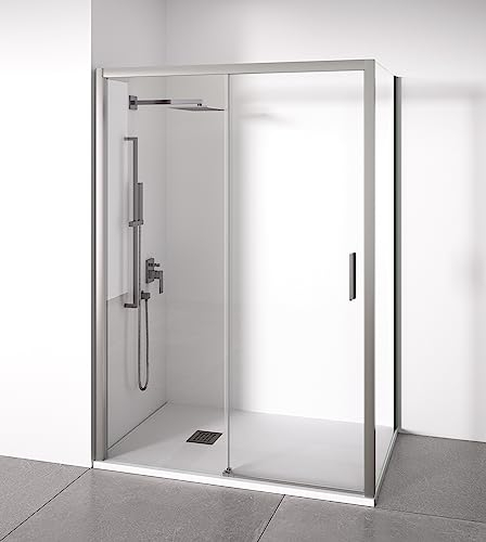 Mampara de ducha angular 1 corredera + 2 fijos - sin perfilería inferior - Cristal transparente templado 6mm - Plata Brillo - Ancho adaptable 135-140 x 77-80cm - Posición puerta derecha - Alto 195cm