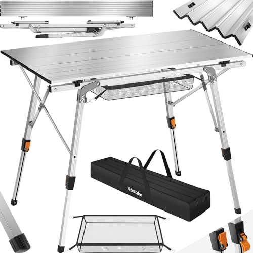 TecTake® Table Pliante de Pique-Nique et Camping en Aluminium - Réglable en Hauteur pour Balcon et Brocante - Avec Sac de Transport et Filet de Rangement