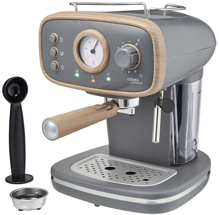 Cooks Professional 15-Bar Retro Espresso Coffee Machine with Frothing Steam Wand, Built-In Temperature Gauge, 1.2L Water Tank & Stainless Steel Drip Tray | Nordic Grey