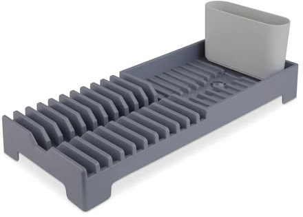 Tower T814001GRY Plastic Dish Drying Rack with Removable Cutlery Holder, Drainage Spout, Sloping Base, Grey