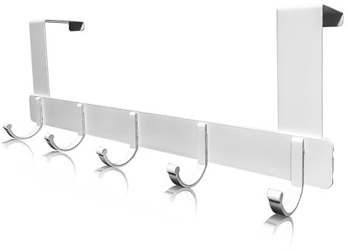 Hea Over Door Hanger, Heavy Duty Over Door Hooks, 5 Hooks Door Coat Hanger for Coats Bags Towels Clothes Hats, Home Storage Hooks for Bedroom Living Room, Overdoor Towel Rack for Bathroom (White)