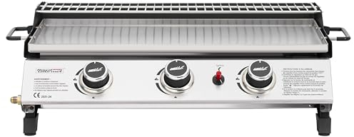 Royal Gourmet Plancha Gaz Propane en Acier Inoxydable, 3 Brûleurs Puissance 7.5kW, Surface Cuisson 61,5 x 32cm avec Grille de Réchauffage, Adapté pour Le Camping et l' Extérieur, Argent