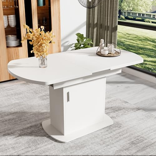 soges Ausziehbarer Esstisch mit Stauraum, Esszimmertisch Küchentisch Kaffee-Freizeittisch, Moderner, Multifunktionaler, Weiß+Silberner Griff，L110/130 x W70 x H75 cm