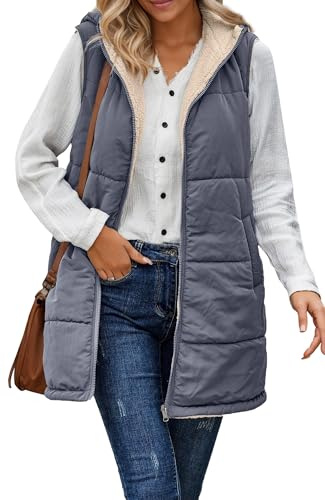 Maeau Body Warmer For Women Quilted Gilet Fleece Lined Winter Vest Long Hooded Down Jacket Ladies Sleeveless Coat Warm Waistcoat Outwear XL Grey