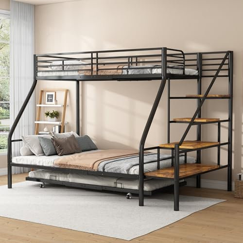 Lcoho Etagenbett, 90x200 cm, Metallbettgestell, Eisenbett, Etagenbett mit Ausziehbett, mit Ablageleiter, für Kinder, Jugendliche und Erwachsene, Schwarz (Schwarz)