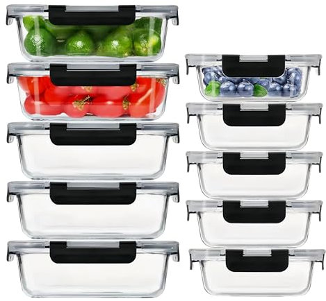 MEETOZ Glass Containers with Lids,10 Pack Glass Meal Prep Containers,Glasss Lunch Box with BPA Free,Stackable, High Temperature Resistance, for Freezer, Microwave, Oven, Freezer and Dishwasher