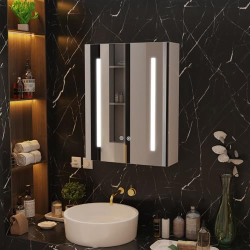 PIPIPOXER Badezimmer Spiegelschrank mit Beleuchtung und Defog, Speicher Regale, Beleuchtetes Badezimme Bad 45x60x15cm Badschrank mit Spiegel, Hängeschrank, Badspiegel, 3 Farbtemperatur dimmbare, Weiß