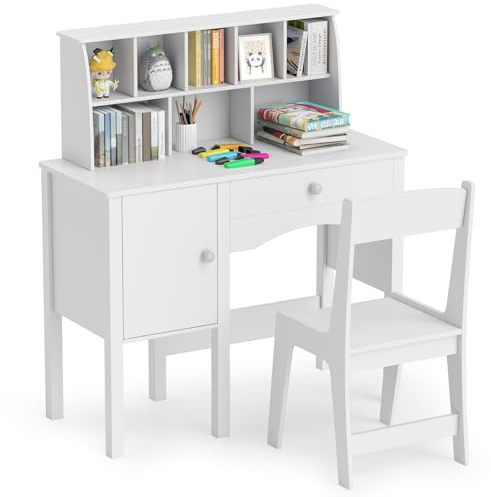 COSTWAY Kids Desk and Chair Set, Wooden Children Study Table with Hutch, Large Cabinet and Drawer, School Students Computer Workstation for Learning, Reading, Drawing (White)