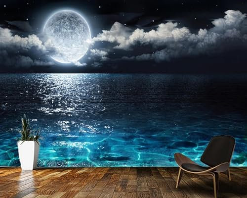 WEIMEIJIE Papel tapiz 3d, mural de fantasía, noche de luna llena en el mar, papel tapiz con paisaje natural, decoración para sala de estar y dormitorio