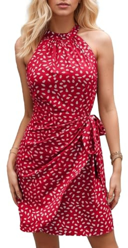 EMOTTOS Mini Abito Floreale Bohémien da Donna, Abito a Pois con Spalline Regolabili, Abito Senza Maniche Slim Fit per Le Vacanze in Spiaggia, Rosso, L