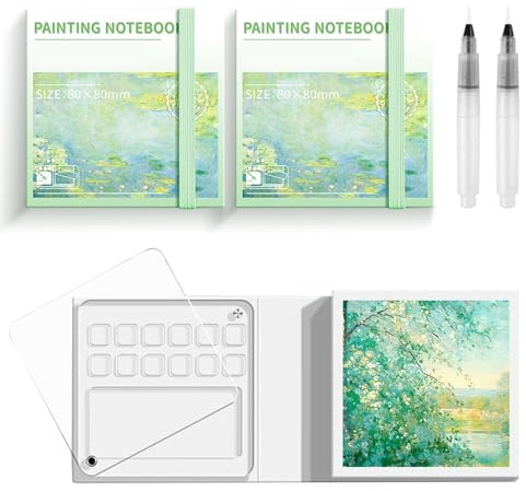 Set Acquerelli da Viaggio, Mini Tavolozza Acquerelli Set, Portatili Tavolozza da Viaggio Trasparente 12 Griglie con Pennelli Palette Painting Tavolozza per Studenti Pittori Artisti, 2 Pezzi