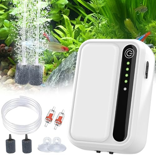 Joycabin Wiederaufladbare Aquarium Luftpumpe, Sehr Leise Aquarium Luftpumpe, 2 Einstellbare Luftauslässe, 3W Leistungsstark Sauerstoffpumpe für Angeln im Freien, Aquarium, Stromausfall