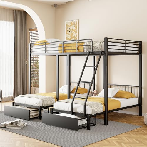 OOIILLEE Lit Superposé Enfant avec tiroirs, Lit Superposé 3 Places ransformable en Un Double 140x200 et Deux Simples 90x200, Cadre Multifonctionnel Noir (sans Matelas)