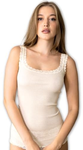 VP PINUCCIO VENEGONI Canottiera Donna Lana e Seta 85%/15%| Intimo Termico Invernale, Tessuto a Costine, Dettagli in Pizzo, Colori Nero Bianco Blu Bordeaux