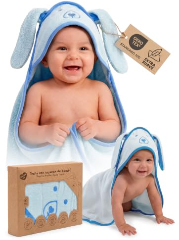 Toalla Baño Bebé Bambu Capucha Capa 89x89 cm (0-3 años) Capa de Baño Suave y Absorbente Regalo Recién Nacido Original para Papás y Mamás Newborn Baby Essentials en Diseños de Animalitos (Azul)