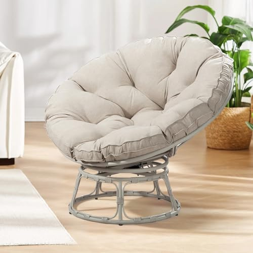 TWSOUL Sillón de ratán giratorio 360°, sillón de mimbre con cojín extraíble, silla de ratán, silla de relax, sillón giratorio, marco de acero, diámetro de 100 cm, para salón, balcón, jardín, color