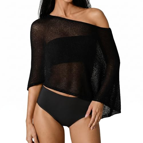 CBMZHF Poncho transparent pour femme, haut asymétrique, tendance, léger, été, une épaule, ample, bohème, plage, vacances, cape, haut court, Noir , Taille unique