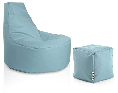 PATCH HOME Gamer Sessel Sitzsack inkl. Würfel Bean Bag Set Ø75cm, 30cm Sitzhöhe, 80cm Höhe + 35x35cm Würfel Hellblau