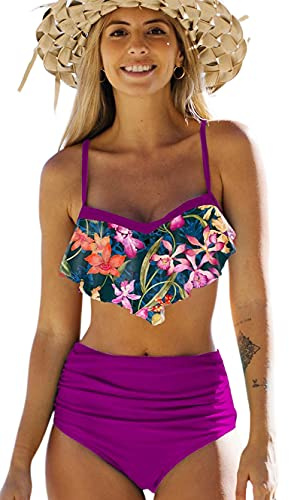 Bikinis Mujer Top con Volantes Braga de Color Liso Traje de Baño Cintura Alta Bañador Mujer Reductor Barriga Morado M