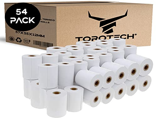 TOROTECH Rollos de Papel Térmico Blanco para Datáfonos 57x35x12mm - 54 Rollos - Ecológicos Sin BPA - Bobinas para Tickets Terminales Tarjetas Crédito Rodillos Impresoras POS Alta Durabilidad (54)