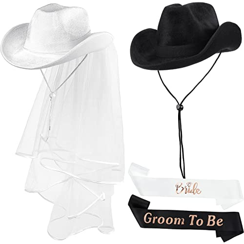 SATINIOR 2 Pieces Bride Cowgirl Hat with Veil, Groom and Cowboy Hats, Bachelorette Party Supplies Bride and Groom to Be Sash for Women Men Wedding Bridal Shower Decoration
