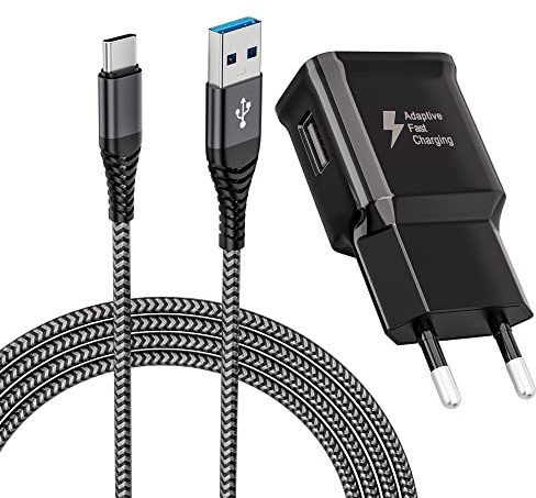 Ladegerät mit Nylon USB C Kabel 2m Schnellladekabel Kompatibel mit Samsung Galaxy S21 S20 S8 S8+ S9 S9+ S10 S10 Plus S10e A56 A55 A35 A16 A15 A13 A05s, Ersatz-Original Schnellladegerät, Schwarz