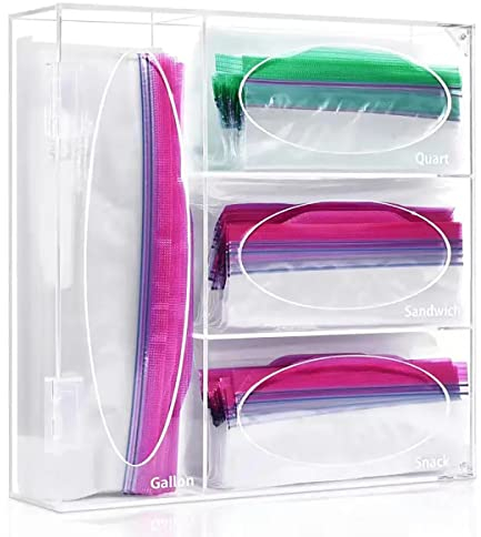 Duffy Acrylic Ziplock Bag Organizer And Dispenser For Kitchen Storage, Compatible With Various Sizes,Holds Gallon Quart,Snack,Sandwich Bags-Clear