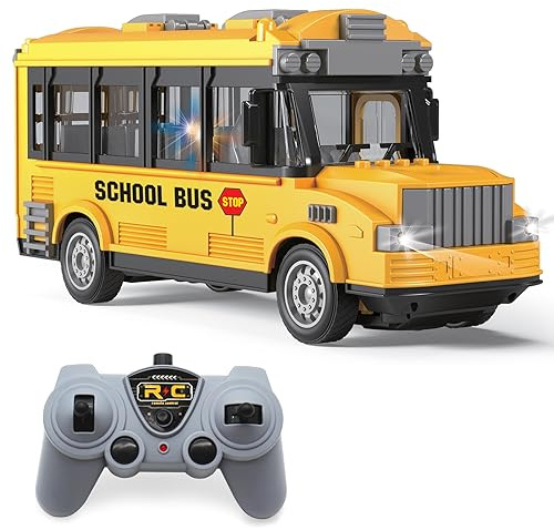 Dollox 1/30 RC School Bus, 2.4G Remote Control School Car 4 Channel City Classic Bus Toy Electronic Vehicles Opening Door for Toddlers with Lights (School Bus)