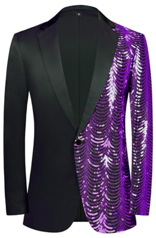 PYJTRL män grön blå guld blad mönster paljetter blazer, Lila, XXL/Lång