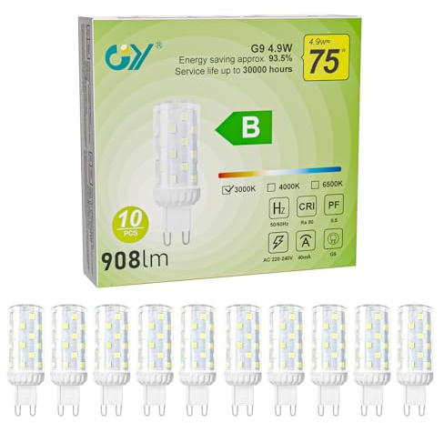 GY G9 LED Lampe 3000K Warmweiß 4.9W entspricht 75W 908 Lumen Flackerfrei Nicht Dimmbar Energiesparende Birnen Große Ausführung Nicht für geschlossene Leuchten geeignet Für offene Fassungen 10erSet