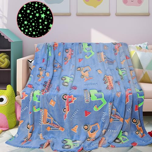 Manta infantil con diseño de coche de dibujos animados que brilla en la oscuridad, 150 x 200 cm, grande, cálida, suave, regalo para niños