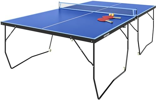 SPORTNOW 9FT Folding Table Tennis Table, Portable Full-Size Ping Pong Table w/ 8 Wheels, 2 Bats, 3 Balls, Quick Set-Up Indoor Game Table - Blue
