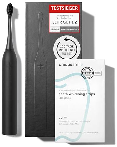 Uniquesmile Zahnaufhellung Whitening Strips Bundle mit Schallzahnbürste - Testsieger 2024-100 Tage risikofrei testen (40 Stück/Ultimate Black)