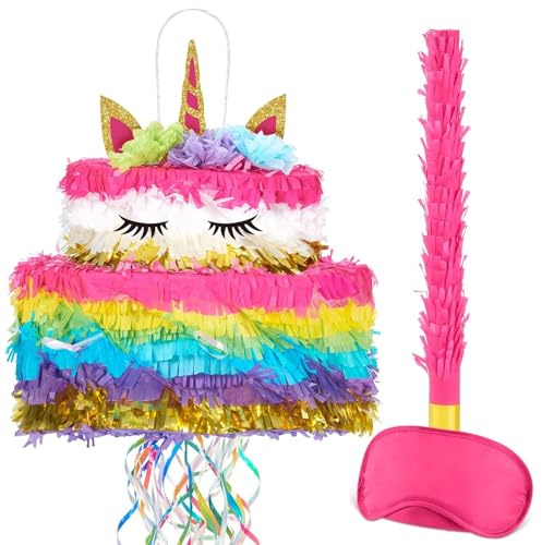 WERNNSAI Unicorn Cake Pinata - Foldable Rainbow Cake Pinata with Blindfold and Bat for Girls Birthday Party Decorations Kids Birthday Party Game Anniversary Celebration Supplies