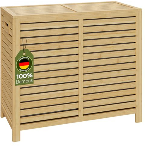 Bellamio Newa Wäschekorb aus Bambus – Wäschesammler mit 2 Fächern je 60 L – Wäschetonne mit Deckel – Wäschesack herausnehmbar & waschbar aus Oxford Gewebe – Wäschetruhe – Wäschebox 62x33x70 cm (HxTxB)