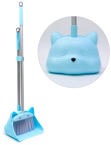28'' Kids Mini Broom and Dustpan Set - Toddler Cleaning Toy, Toddler Household Helper, Parent-Child Interactive Play Cleaning Tool, Cute Cartoon Design, Small Safe Corner Broom (Blue)