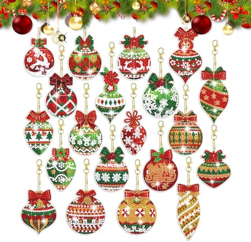 Lioewhu - Set di 20 portachiavi per pittura a diamante, 5D, decorazione per finestra, decorazione invernale, con diamanti