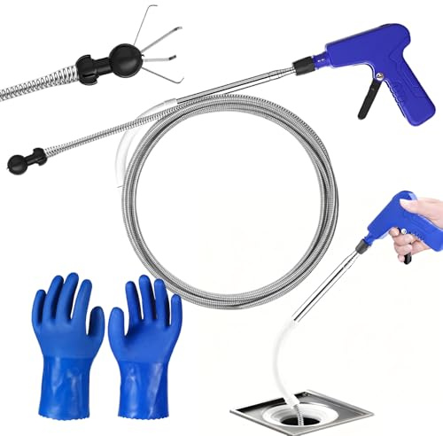 Set de Alambre Desatascador Tuberias Azul con pinza de 4 garras, Anti-Rayones Cable Desatascador Tuberias Drain Snake Guantes XL Gruesos para WC, Fregaderos y Desagües, Limpieza Hogar(1.3M)