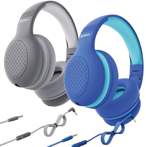 2-pack trådbundna hörlurar over-ear – blå och grå vikbara barnhörlurar med mjuk kudde öronkuddar, 85–94 dB volymbegränsare och trasselfri kabel – lätt ljudeheadset för skola, resor och hem