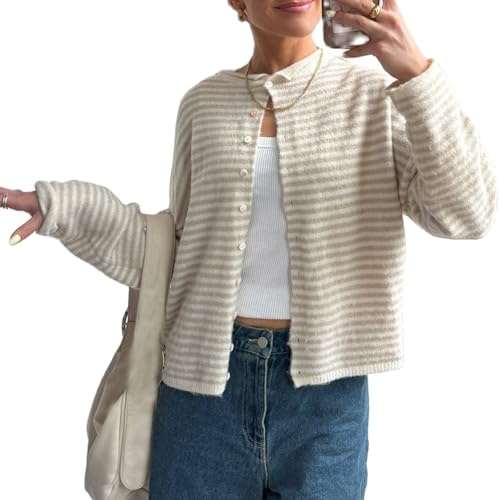 QLQLWDD Womens Striped Cardigan Knitted Button Up Sweaters Crewneck Oversized Loose Knitwear Vintage Y2k (a Light Yellow, S)
