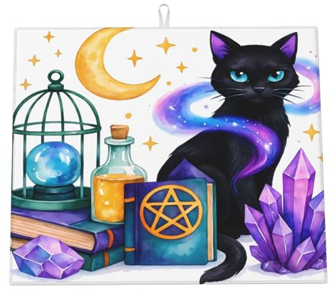 Tappetino Asciugare Piatti Witchy Cat Black Magic Crystal Tappetini Bancone Cucina Assorbente Tappetino Scolastoviglie Per Tavoli Piani Bicchieri 46X61Cm