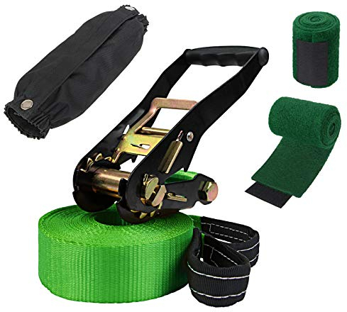 ALPIDEX Slackline 15 m 2 Tonnen + 2 x Baumschutz + Ratschenschutz 7 Jahre Garantie auf Material*, Farbe:grün