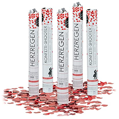 Relaxdays 5 x Party Popper 40 cm rote Herzen Konfettikanonen Set, Konfetti Bombe, Konfetti Blaster 6-8 m Effekthöhe, rot metallic