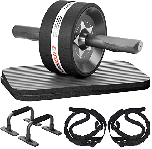 EnterSports Abs Roller Wheel 6-in-1 Workout Equipment for Abdominal with Knee Pad, Resistance Bands, Pad Push Up Bars Handles Grips Perfect Home Gym Equipment for Men Women