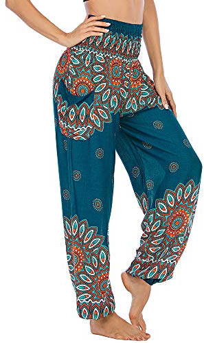 Nuofengkudu Damen Haremshose mit Taschen Boho Gemustert High Waist Leichte Baggy Yogahose Freizeithose Sommer Strand Festlich Pluderhose(W-Grün Blumen,Einheitsgröße)