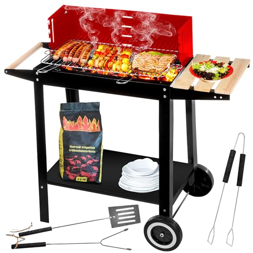 Five-Star Grill&Chill Barbacoa Carbon con Ruedas - para Jardín Exterior BBQ con Soportes Facil Movimiento, Estantes de Madera Plegable para Almacenar Comidas, parrilla cromada 50 × 26,5 cm, GC0010