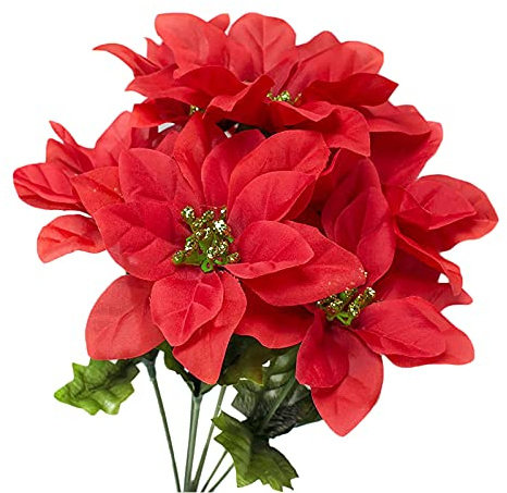 WIVAYE Lot de 4 bouquets poinsettia artificiels, 7 tiges rouges avec des accents pailletés, bouquet en tissu soie pour Noël, arrangement mariage, décoration, 13.8inch/35cm