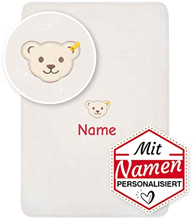 Steiff Babydecke mit Namen personalisiert/Bestickt, Individuelle Kuscheldecke/Krabbeldecke, Personalisierte Baby Decke mit Name als Geschenk zur Geburt, Geburtstag & Taufe (Beige)