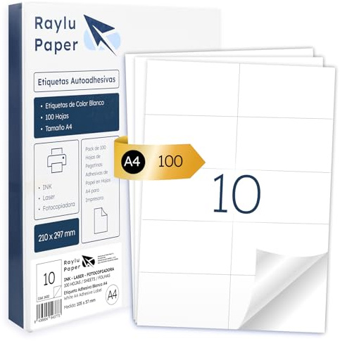 Raylu Paper® - Etiquetas Autoadhesivas A4 Blanco para Imprimir | 100 Hojas de Papel Adhesivo, Compatibles con Impresora Inkjet, Láser y Fotocopiadora | 10 Pegatinas Adhesivas (105 x 57 mm)