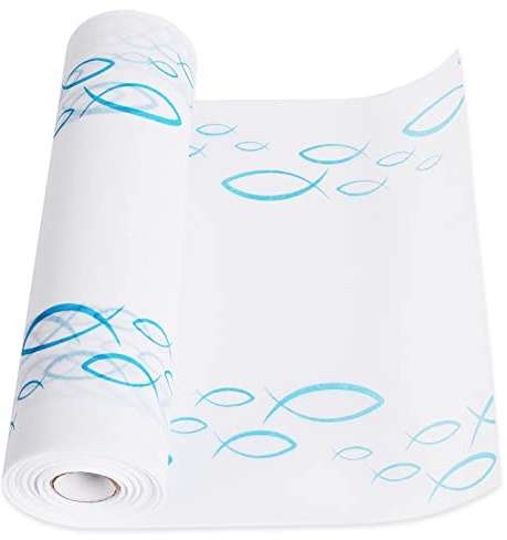 HOECMRHP Tischläufer Fisch aus Vlies (28 cm x 6 m) für Jungen und Mädchen Kommunion Konfirmation Taufe (weiß/blau)